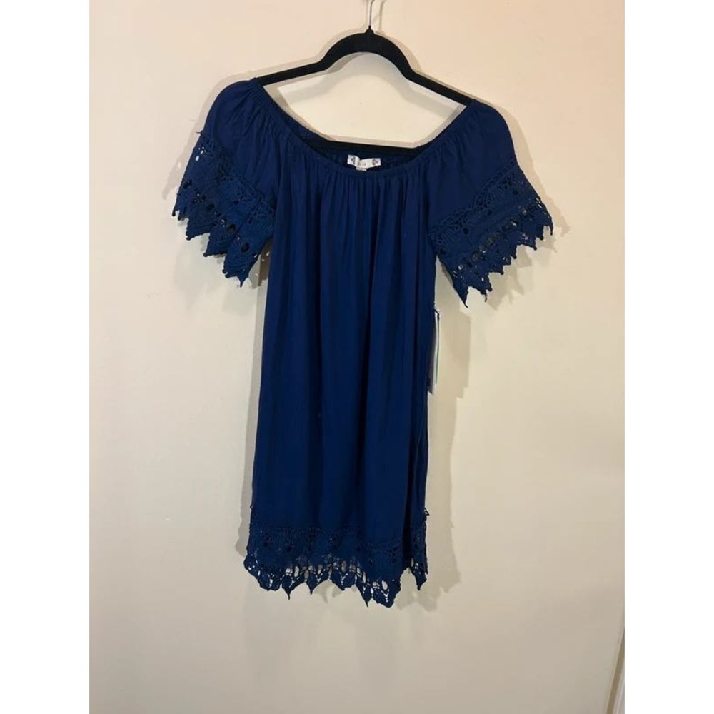 Iris Off Shoulder Lace Trim Mini Dress Small Navy Blue